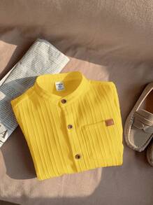 SHEIN 1pc Young Boys' Casual College Style Comfortable Linen Stand Collar Patch Pocket All-Match Versatile Shirt - Yellow - View 4