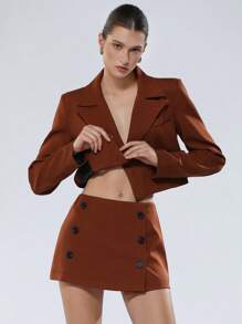 SHEIN Privé Women's Rust Brown Chic Office Summer 2 Pieces Set Double-Breasted Long Sleeve Blazer Jacket Coat & Decorated Button A-Line Mini Skirt College Style - Brown - View 2
