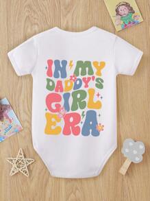 SHEIN Playful Pals 女婴休闲时尚创意笑脸、彩色标语和字母图案印花短袖连体衣 - 白色 - 查看 3
