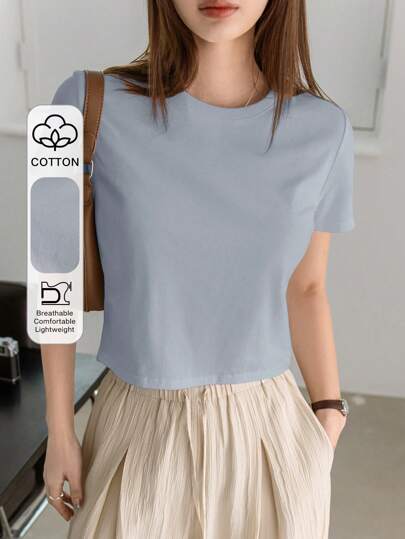 Dazy-Less Women's Summer Solid Color Round Neck Short Sleeve T-Shirt Old Money Style Business Casual Woman Work Clothes