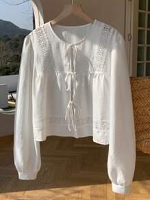 Comfortcana بلوزة كاجوال نسائية طويلة الأكمام بأربطة أمامية من الدانتيل باللون الصلب والجمباز البوهيمي الغربي - أبيض - مشاهدة 2