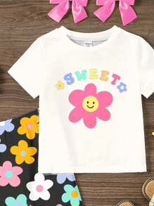 SHEIN Leap Crew 2 件套年轻女孩休闲卡通花朵图案圆领短袖上衣和喇叭裤套装，适合春夏季