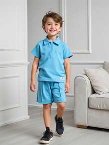SHEIN Young Boy Short Sleeve Casual Polo Shirt With Alphabet Applique + Shorts Two Pieces Set