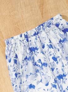 2 pezzi Completo per Ragazza Giovane: Top corto smanicato con stampa a foglia d'acero + Pantaloni a gamba larga in vita elastica con stampa a foglia d'acero, adatto per vacanze al mare (venduti separatamente in 3 set come coordinati famiglia Mamma e Figlia)