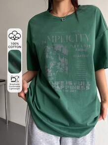 DAZY 女士夏季宽松口号印花圆领落肩T恤图案T恤超大码T恤 - 墨綠色 - 查看 1