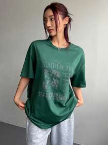 DAZY 女士夏季宽松口号印花圆领落肩T恤图案T恤超大码T恤 - 墨綠色 - 查看 5