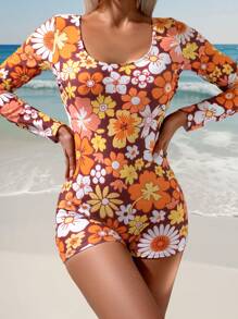SHEIN Swim SPRTY 1pc Women's Refreshing Floral Print One-Piece Surfing Suit