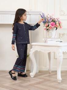 2pcs/Set Little Girls Minimalist Pattern Long Sleeve Top And Pants Set, Black Background - Black - View 6