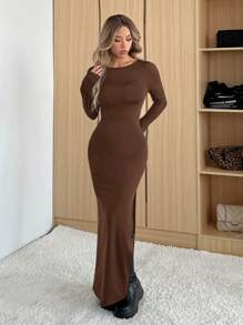 SHEIN Muchic Vestido largo ajustado de color café sólido de mujer con abertura alta, mangas largas y espalda descubierta, para uso casual. Falda larga y sexy de cuello alto para uso en la calle - Café integral - Ver 5