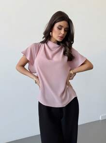 Firerie Women's Elegant Dusty Pink Ruffle Collar Blouse Summer Work Business Office Casual Wear Minimalist Daily Commute Teachers' Day Loose Fit Short Sleeve - Dusty Pink - View 5