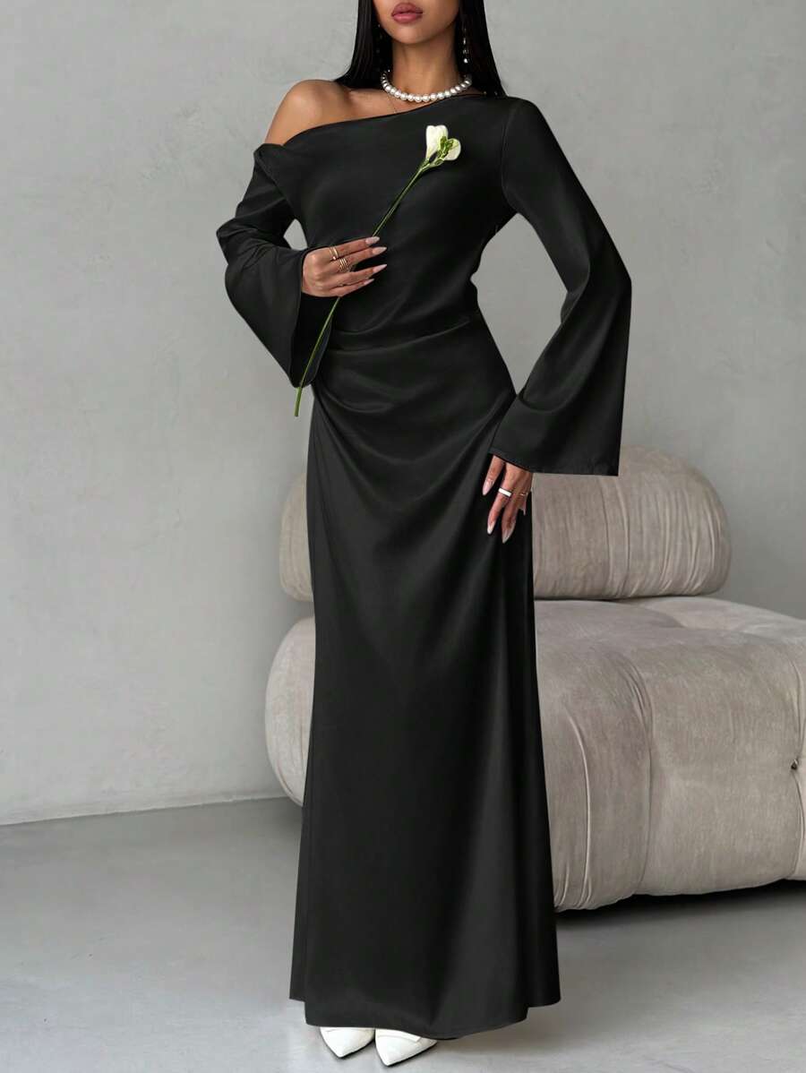 Aloruh Pink Valentine's Day Minimalist High-Quality Taffeta Asymmetric Shoulder Ruched Flare Sleeve Long Fitted Mermaid Skirt