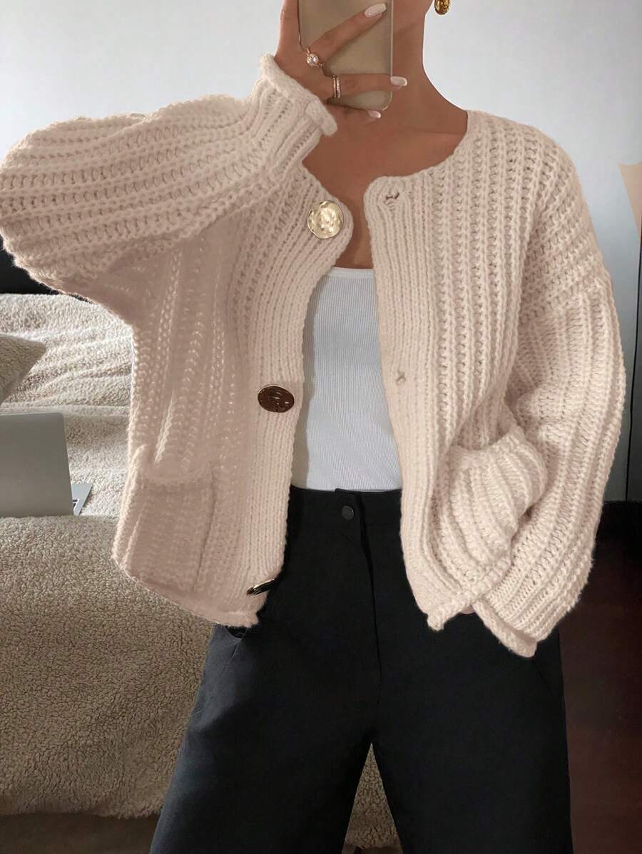 SHEIN Frenchy Women Casual Solid Color Cardigan With Pockets - Apricot - View 1