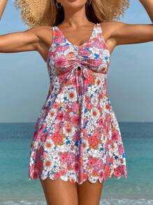 Swim Lushoire Summer Women's Casual Vacation Style Daisy Floral Print Front Tie Wide Strap Swim Dress