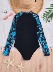 SHEIN Leap Crew Tween Girls Casual Ditsy Floral Patchwork Long Sleeve One-Piece Swimsuit, Spring/Summer - Black - View 2