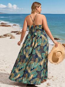SHEIN VCAY Plus Size Vacation Beach Tropical Print Halter Neck Top & High Slit Skirt 2 Pieces Set Beach Women Two Pieces Outfits Beach Dresses For Woman - Multicolor - View 2