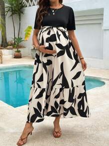 SHEIN Maternity Plant Print Round Neck Ruffle Hem Casual Midi Dress - Multicolor - View 3