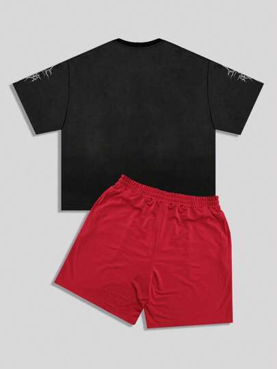 Street Life Men's Spider & Letter Print Short Sleeve T-Shirt And Shorts 2pcs Set, Halloween