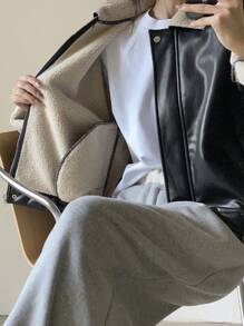 DAZY 女式 PU 皮革和仿羊毛拼布夹克，秋季女装