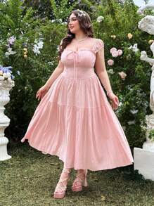 Lyrianda Abito casual vintage rosa con arricciatura in vita per taglie forti, adatto per vacanza, appuntamenti e uso quotidiano, primavera/estate