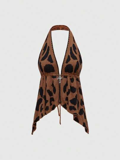Kawaii Y2K Leopard Print Hollow-Out Asymmetric Hem Sexy Knitted Top