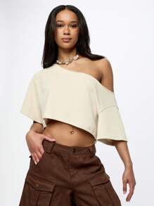 SUMWON WOMEN 露肩短款 T 恤不对称设计夏季节日休闲宽松街头服饰舞蹈上衣俱乐部服饰都市风格时尚 - 卡其色 - 查看 5