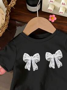 SHEIN Young Girl Ballet Style Lace Bow Graphic Short Sleeve Tee Shirt, Casual For Summer - Black - View 5