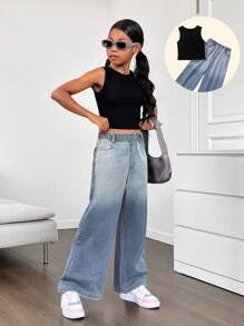 SHEIN Tween Girl Sleeveless Solid Color Tank Top & Ombre Denim Jeans 2 Pieces Set