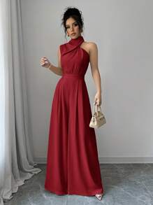 Firerie Women's Apricot Turtleneck Sleeveless Wide Leg Jumpsuit - Red - View 3