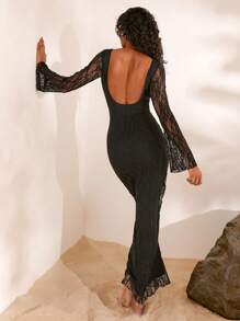 Opulessa 1pc Women's Plain Knit Backless Long Sleeve Fishtail Dress - Black - View 5