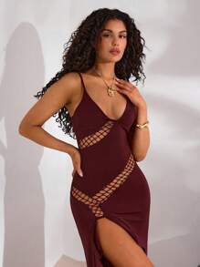 Opulessa 女士性感纯色镂空高开叉细肩带连衣裙 - 酒紅色 - 查看 5