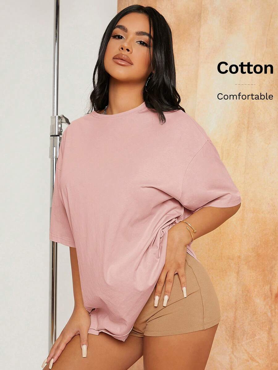 SHEIN SXY Áo thun nữ màu trơn Giải trí - Bụi hồng - Xem 1