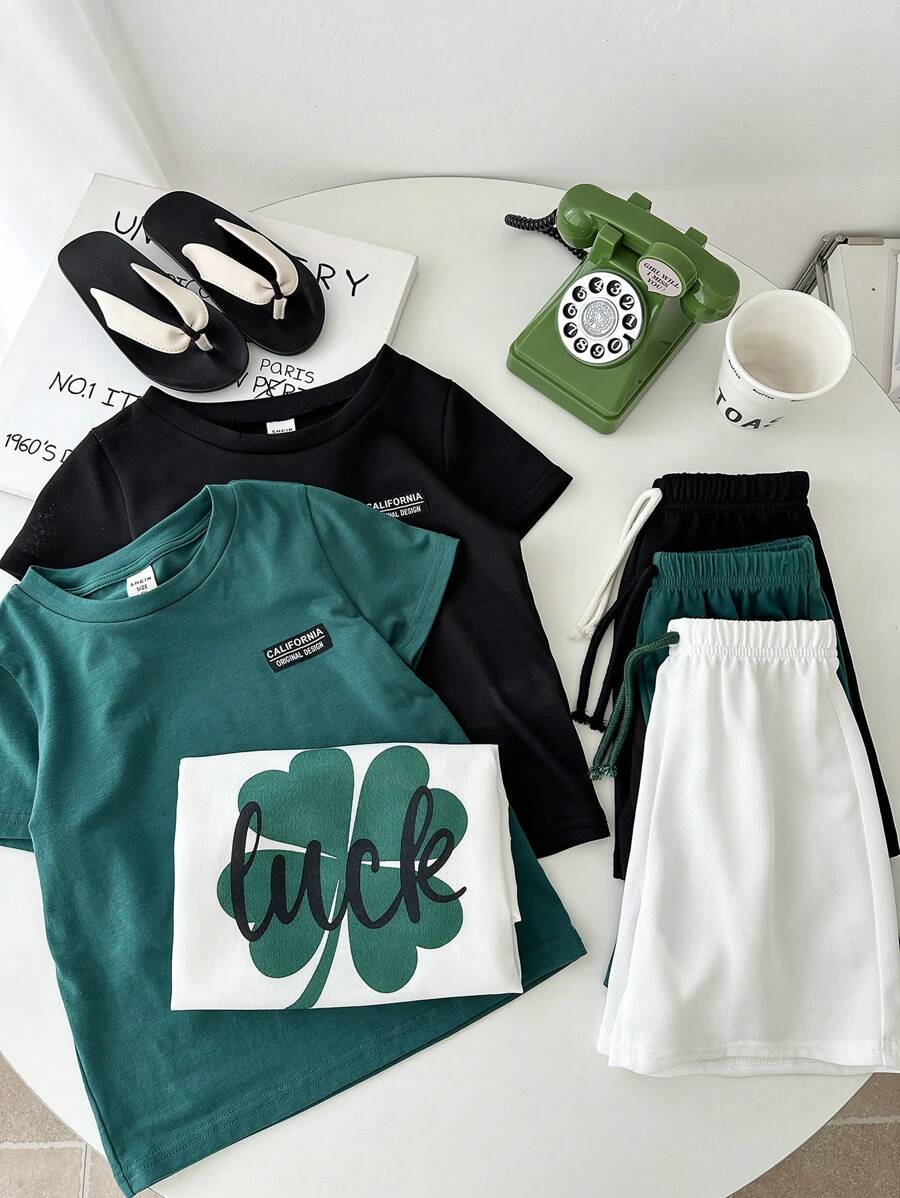 SHEIN Leap Crew 6 件/套儿童男童休闲百搭字母印花图案圆领宽松短袖 T 恤和纯色短裤 2 件套服装，3 种款式，适合学校、花园、海滩、生日、春季、夏季、秋季、冬季 - 彩色 - 查看 1