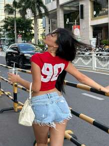 INAWLY 女士短袖短款修身纯色 V 领 T 恤，简约时尚 - 紅色 - 查看 3