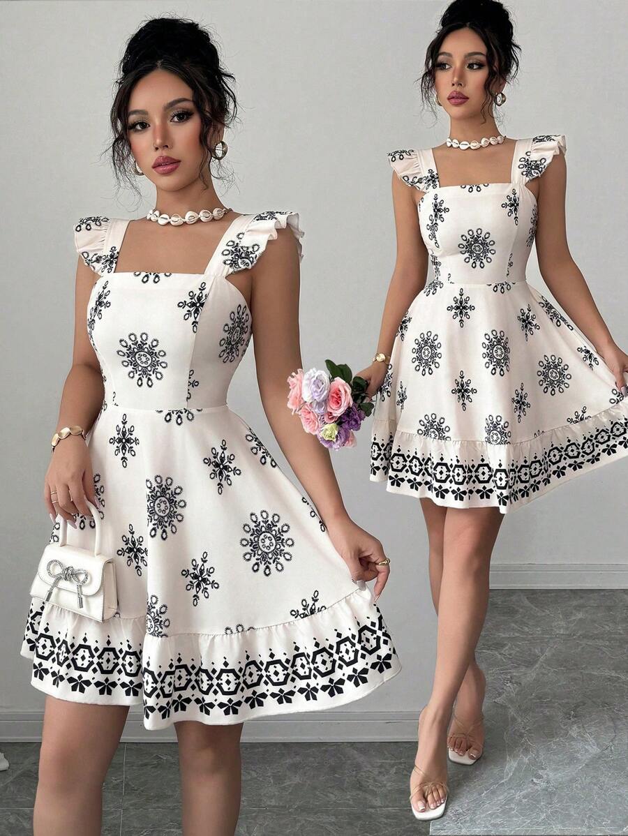 Elenzga Women's Tie Back Waist Ruched Design Printed Mini Sleeve Holiday Casual Commuter Dress