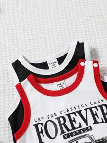 2 件装新生儿夏季复古老式汽车印花无袖连体衣套装 - 彩色 - 查看 3