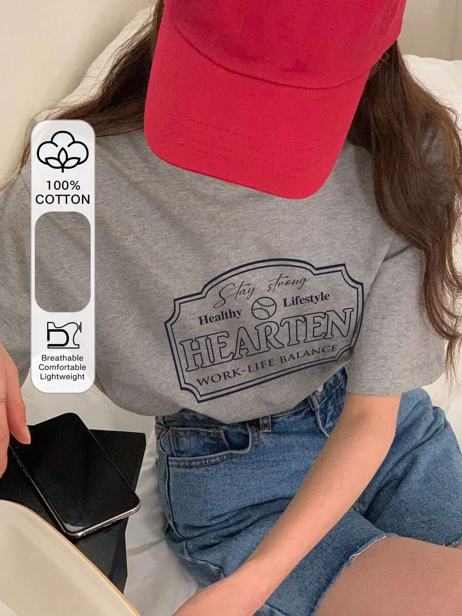 Women's Letter Printed Round Neck T-Shirt Summer - Grey - View 1