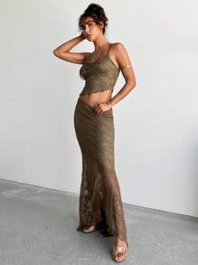 Aloruh Women's Spring/Summer Vacation Romantic St. Patrick's Day Lace Spaghetti Strap Ruffle Tank And Asymmetrical Ruffle Hem Bodycon Skirt 2 Pieces Set - Dark Green - View 6