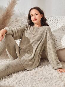 SHEIN Teen Girls Drop Shoulder Split Hem Top & Leggings Set - Beige - View 5