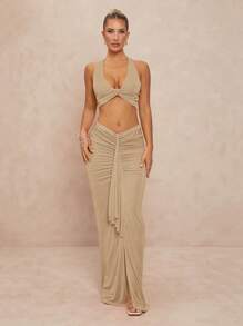 Lumalex 2 件套女士 U 领扭带低腰褶皱喇叭上衣和短裤套装 - 卡其色 - 查看 7