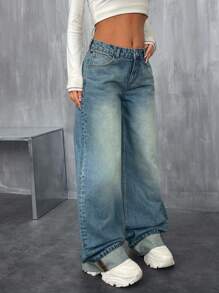 EURMUSE Pantalones vaqueros casuales de talle bajo, pernera ancha, lavado vintage, estilo Y2K con doblez - Azul lavado medio - Ver 4