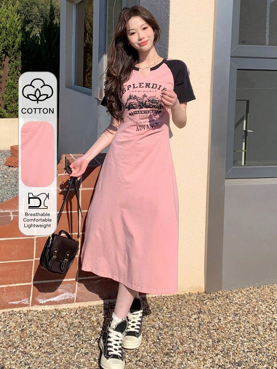 DAZY Women's Color Block Castle Letter Printed Long Dress With Notched Collar Sundress