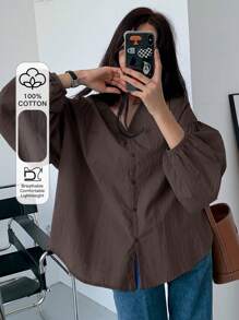 DAZY Ladies' Solid Color Simple Daily Long Sleeve Shirt,Fall Clothes - Coffee Brown - View 5