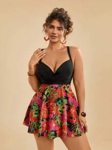 Travachic Plus Size Tropical Print Beach Dress, Pineapple&Flower Pattern Splicing Sleeveless Dress & Black Swimwear Set, Summer - Multicolor - View 4