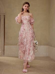 MOTF PREMIUM VESTIDO COM DETALHES DE BABADOS E ESTAMPA FLORAL - Rosa - Ver 1