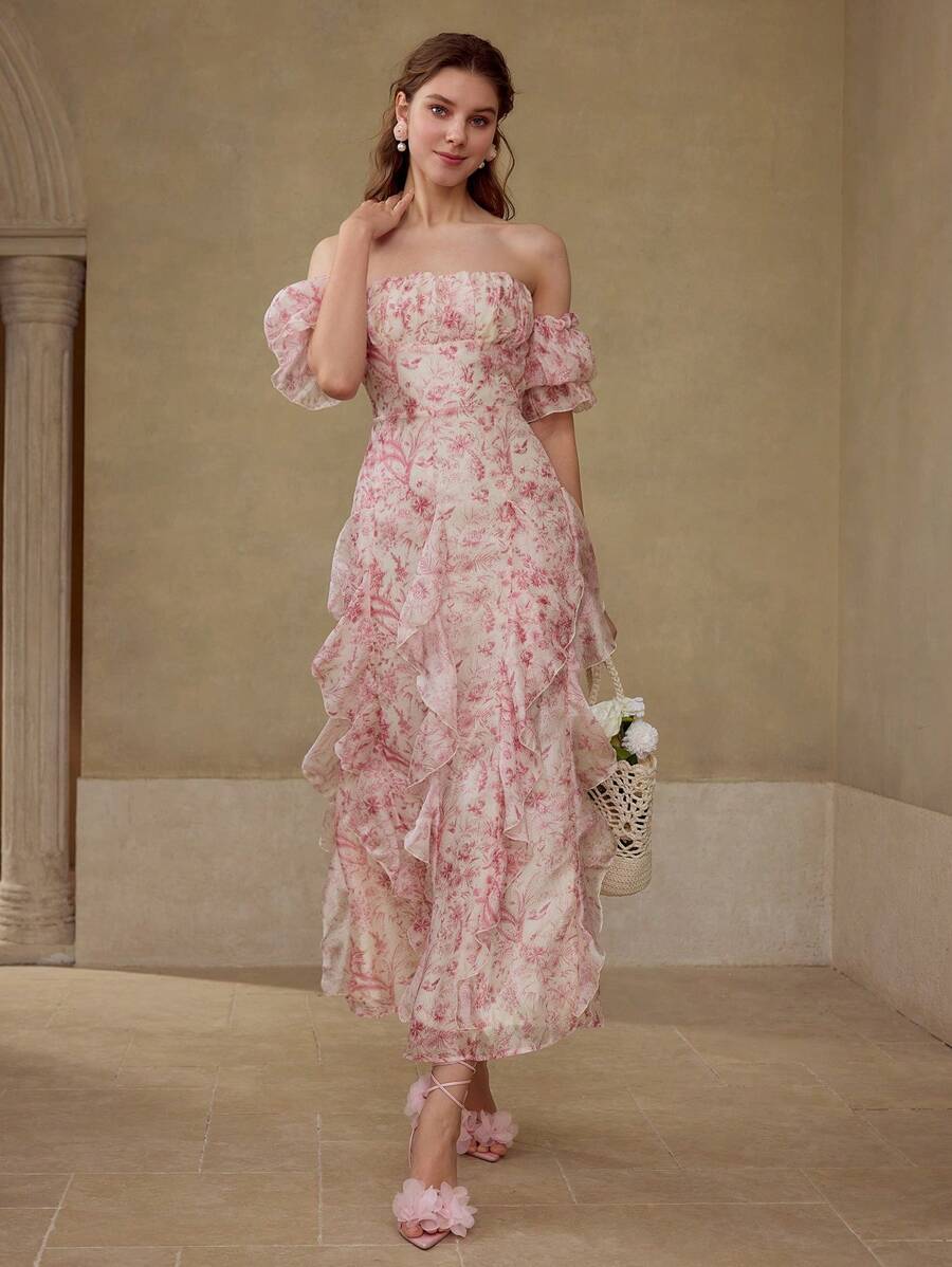 MOTF PREMIUM VESTIDO COM DETALHES DE BABADOS E ESTAMPA FLORAL - Rosa - Ver 1
