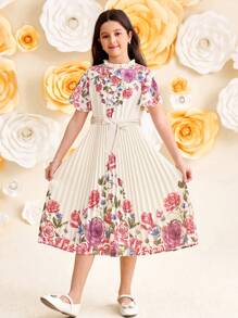 女童编织花卉印花褶饰盖袖褶饰连衣裙，公主裙，法式荷叶边连衣裙，适合毕业派对、生日、春季旅行、情人节、花童裙 - 彩色 - 查看 3