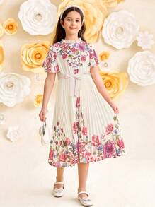 女童编织花卉印花褶饰盖袖褶饰连衣裙，公主裙，法式荷叶边连衣裙，适合毕业派对、生日、春季旅行、情人节、花童裙 - 彩色 - 查看 6