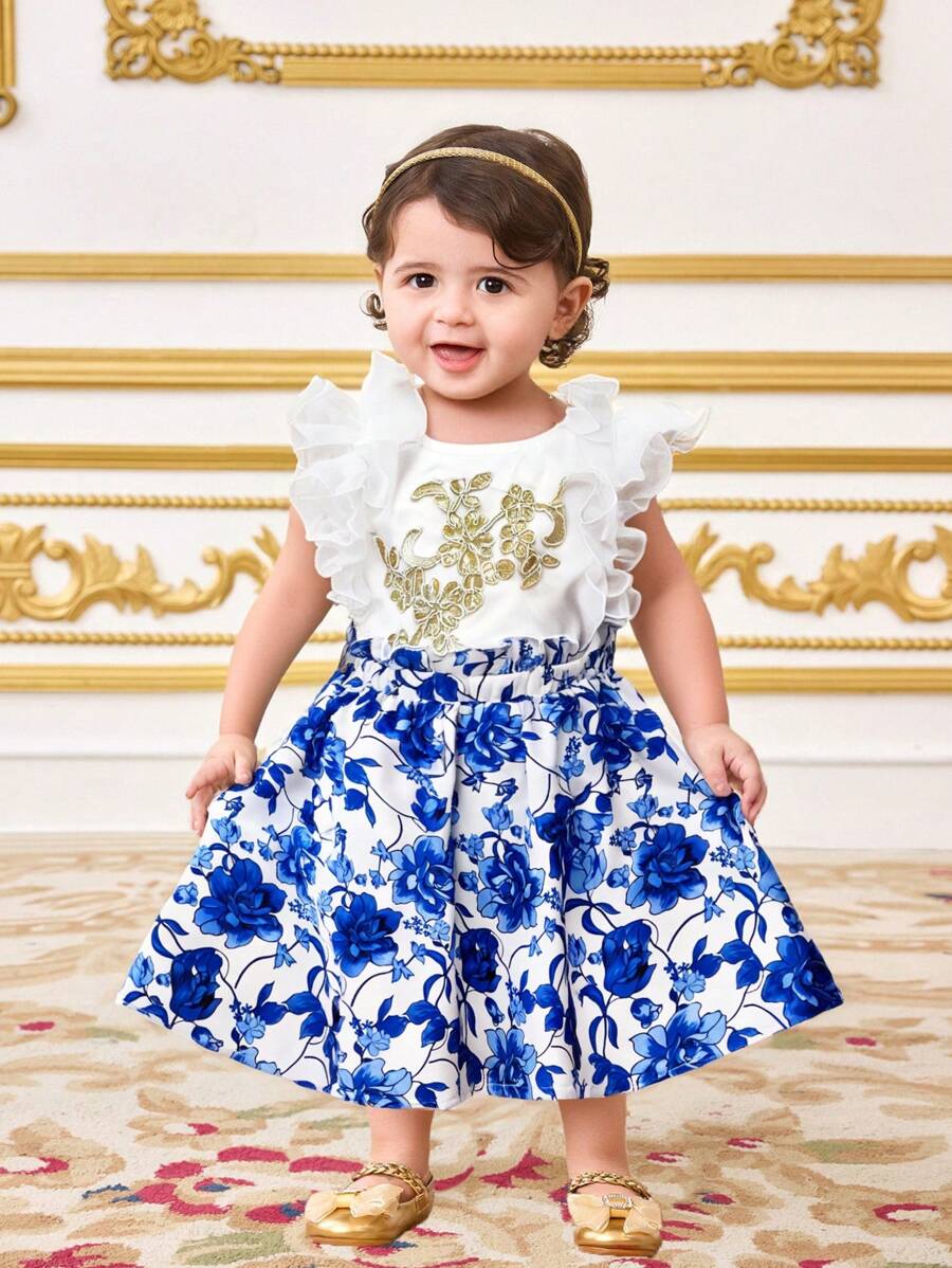 SHEIN Babygirl Cute Summer Elegant Ruffle Floral Top And Mini Skirt Set