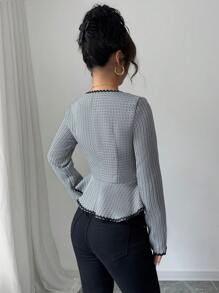 Elenzga Damen Bluse mit quadratischem Kragen, Knopfleiste, Langarm und Schleifensaum