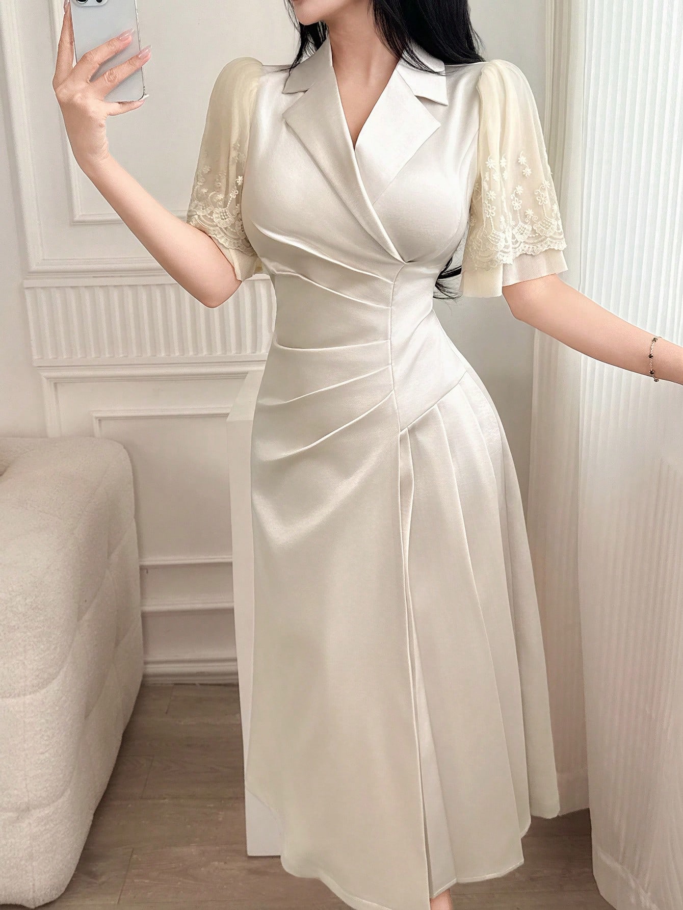 فستان وسط شبكي برقبة قميص مطوي أنيق للنساء